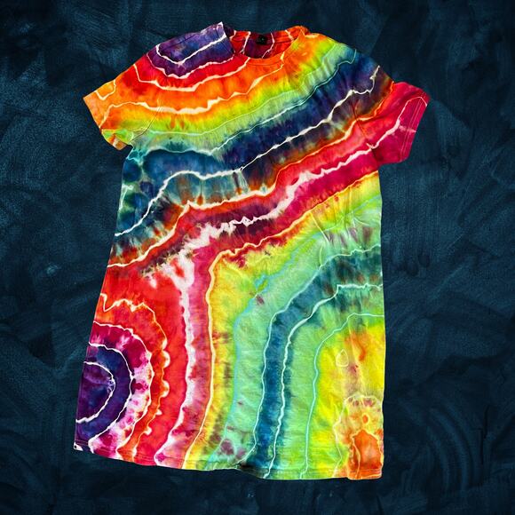 Ice Dyed T-shirt Dress - Ice Dye Hippie Boho - Rainbow Geode (Women's XLarge) - Picture 1 of 10